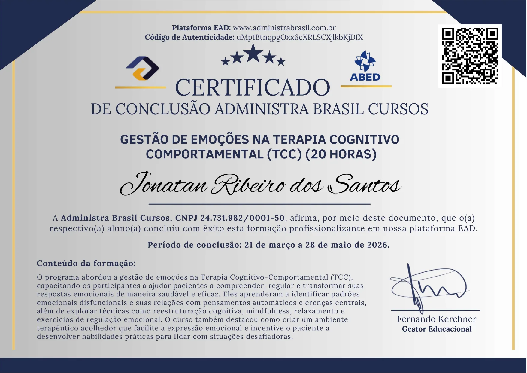 Gestão de Emoções na TCC (20h)